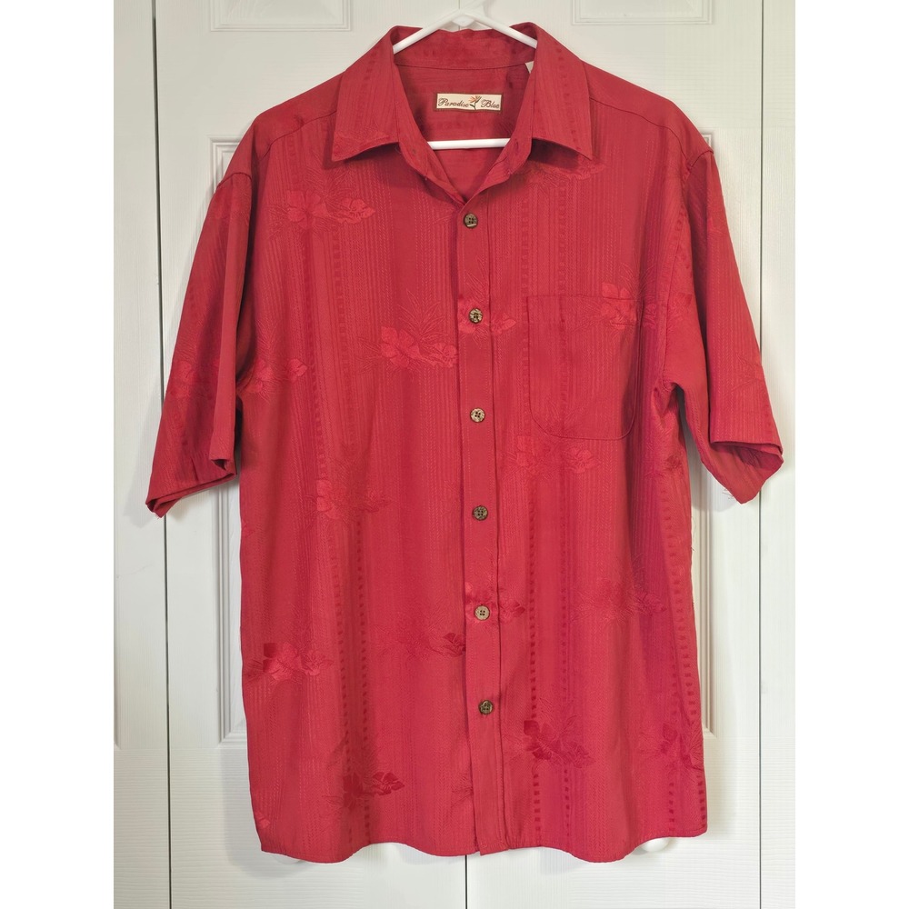Paradise Blue Mens Red Tropical Floral Jacquard Short Sleeve Hawaiian Shirt L